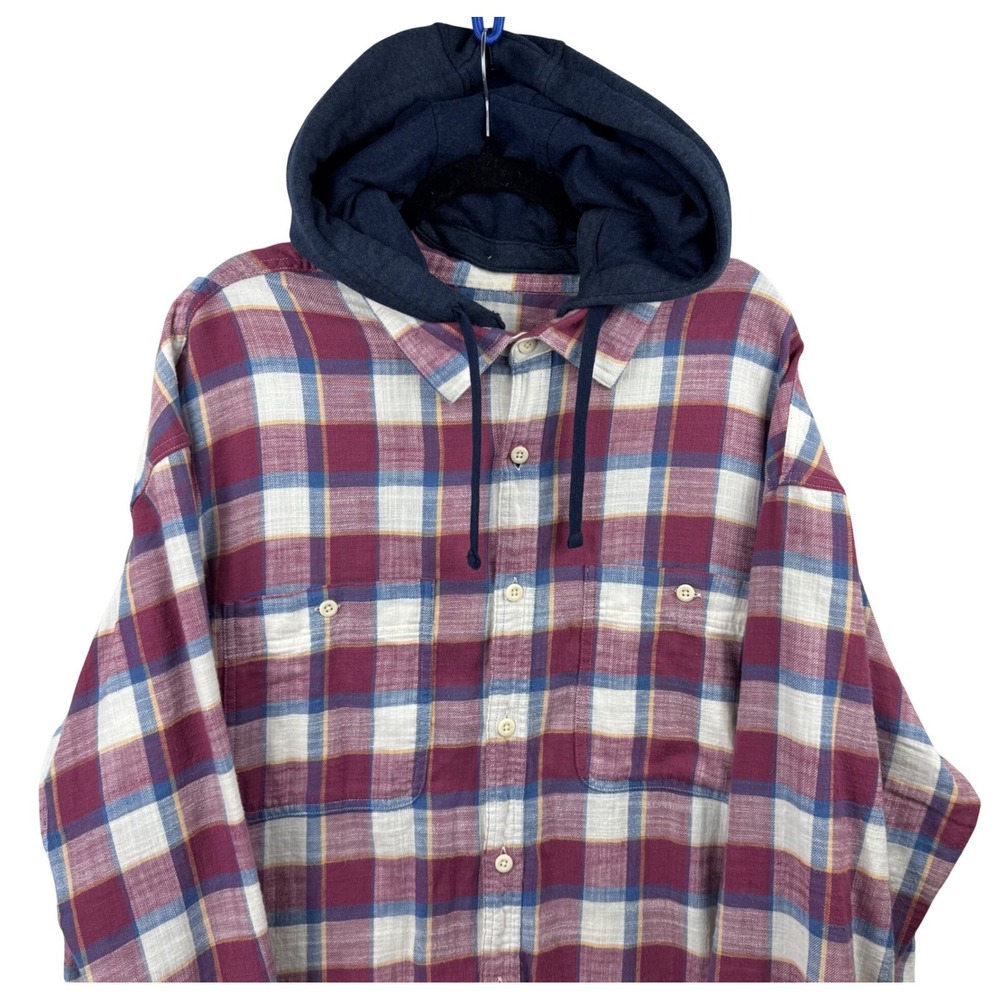 American Eagle‎ Mens XXL Plaid Hooded Flannel Shirt Burgundy Streetwear Skater - Picture 4 of 13